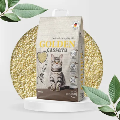 Golden Cassava natural clumping litter, 9 litres. Certified product of German origin. Suitable for cats, natural ingredients, sustainable packaging.