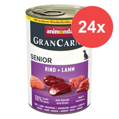 Konzerva animonda GranCarno Senior Rind + Lamm, 24x, 100 % frische Zutaten, ohne Getreide ohne Gluten, Made in Germany. Hovězí a jehněčí maso na obalu.