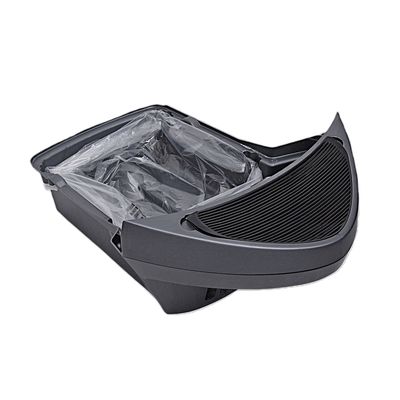 Bac à litière en plastique noir avec sac transparent, grille de sortie intégrée à l’avant. Aucun logo ou texte visible.