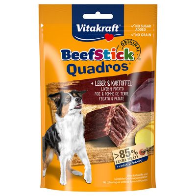 Vitakraft BeefStick Quadros with cheese. No added sugar, 85% extra meat, added vitamins. No colourings or artificial flavour enhancers.