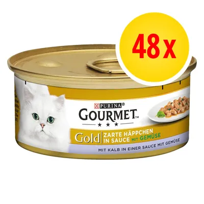 Purina Gourmet Gold Zarte Häppchen in Sauce mit Gemüse, 48x. Na opakowaniu zdjęcie białego kota i kawałków karmy w sosie z warzywami. Tekst po niemiecku.