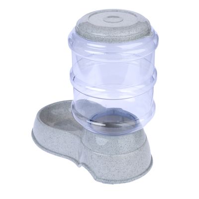 Transparenter Futter- oder Wasserspender mit grauer Basis und abnehmbarem Deckel.