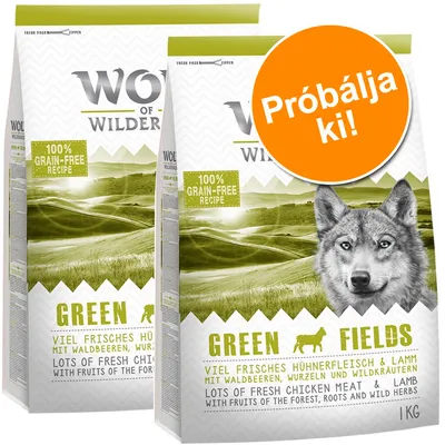 Wolf of Wilderness Green Fields kutyatáp csomagolás, 100% grain-free recipe, Próbálja ki! felirattal, 1 kg, sok friss csirkehús és bárány, erdei gyümölcsökkel, gyökerekkel, vadon termő fűszernövényekkel.