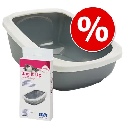 Savic kattenbak met witte rand en verpakking Bag it Up jumbo kattenbakzakken, maat 67 x 48 cm. Rood kortingssymbool met procentteken zichtbaar.