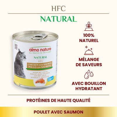 almo nature HFC Natural, boîte pour chat poulet avec saumon, 100 % naturel, mélange de saveurs, avec bouillon hydratant, protéines de haute qualité