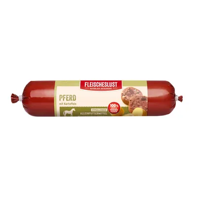 Fleischeslust cavallo con patate, alimento completo ipoallergenico, 100% carne fresca. La confezione mostra il prodotto e gli ingredienti.