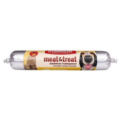Fleischeslust meat&treat snijdbare trainingsworst voor honden, tekst op verpakking: Schnittfeste Trainingswurst, sliceable training sausage, afbeelding van hond en vleesblokjes zichtbaar.