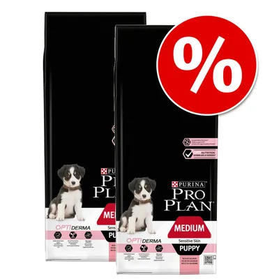 Dwa opakowania Purina Pro Plan Medium Sensitive Skin Puppy OptiDerma, widoczny znak procentowy oznaczający promocję lub rabat.