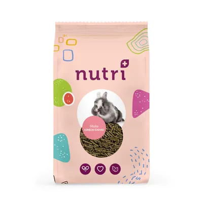 Nutri+ Sticks Conejo Enano. Verpackung mit Bild eines Zwergkaninchens und Pellets.