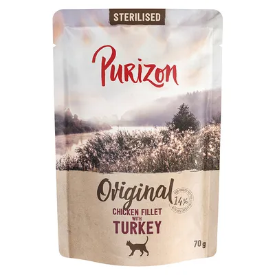 Ekonomipack: 24 x 70 g Purizon Adult Sterilised - spannmålsfritt - Kycklingfilé med kalkon  
