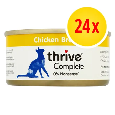 thrive Complete 0% Nonsense kattenvoer, Chicken Breast, verpakking met 24 stuks zichtbaar op het blik thrive Complete 0% Nonsense kattenvoer, Chicken Breast, verpakking met 24 stuks zichtbaar op het blik
