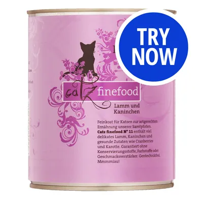 Blue button with white text reading 'TRY NOW' over a can labelled 'catz finefood Lamm und Kaninchen', visible product description in German.