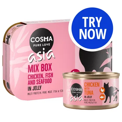 Cosma Pure Love Asia Mix Box, chicken, fish and seafood in jelly. Chicken with tuna in jelly. Multi protein, pure meat, fish and seafood. Blue circle with 'Try Now'.