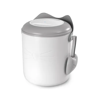 White food container with grey lid, cat ears design and side spoon holder. Embossed cat face on the front. White food container with grey lid, cat ears design and side spoon holder. Embossed cat face on the front.