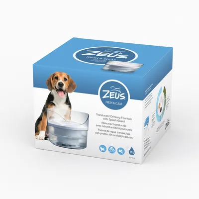 Zeus Fresh & Clear питьевой фонтан с защитой от брызг, объем 1,5 л. Подходит для собак и кошек. Упаковка с изображением продукта и схемой работы.
