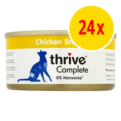 thrive Complete 0% Nonsense kycklingbröst, burk med blå kattillustration. Stor gul cirkel med röd text: 24x. thrive Complete 0% Nonsense kycklingbröst, burk med blå kattillustration. Stor gul cirkel med röd text: 24x.