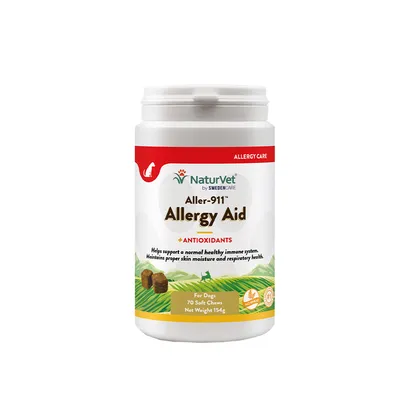 NaturVet Aller-911 Allergy Aid с антиоксиданти. За кучета, 70 меки хапки, нетно тегло 154 г. Подпомага имунната система, хидратацията на кожата и здравето на дихателните пътища.
