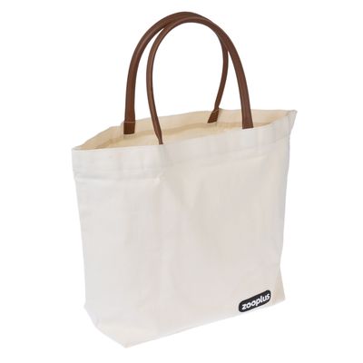 Borsa di stoffa bianca con manici marroni e logo Zooplus in basso a destra.