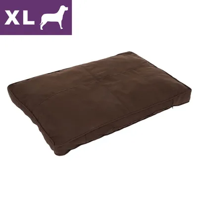 Brun rektangulär hundbädd i tyg, storlek XL visas med vit text och siluett av hund på lila bakgrund uppe till vänster.