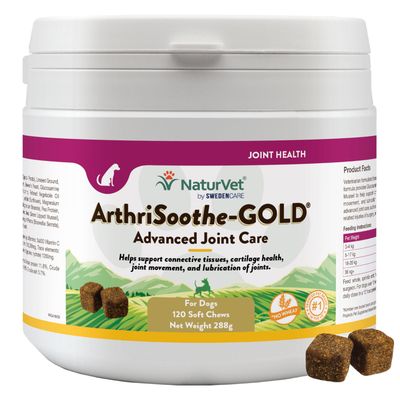 NaturVet ArthriSoothe-GOLD Advanced Joint Care, 120 bocconcini morbidi, peso netto 258g. Supporta tessuto connettivo, salute delle cartilagini e mobilità articolare. Per cani.