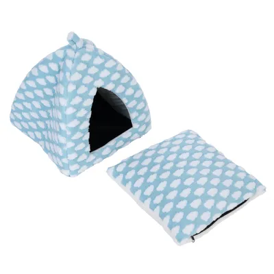 Tenda azzurra con motivo a nuvole bianche e cuscino estraibile, adatta come cuccia o nascondiglio.