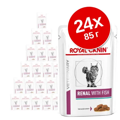 Royal Canin Veterinary Renal with Fish за котки, 24 х 85 г паучове. Видими са опаковките с изображение на котка и надпис Renal with Fish.