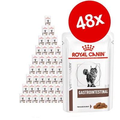 Royal Canin Veterinary Gastrointestinal kissan märkäruoka, 48 annospussia. Pakkauksessa kuva kissasta ja teksti 'Thin slices in gravy'.