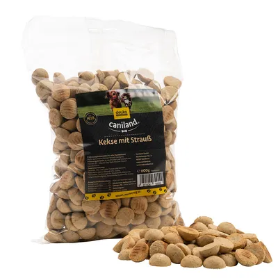 Caniland Kekse mit Strauss, Ergänzungsfuttermittel für Hunde, Packung à 600g. Sichtbare Zutaten und Verpackung mit Produktinformationen.