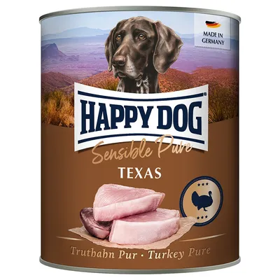 Happy Dog Sensible Pure Texas, ren kalkon. Tillverkad i Tyskland. Burk med bild av kalkonkött och hund framför landskap.