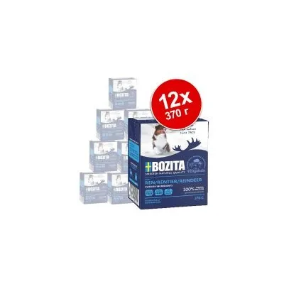 Комплект 12 броя х 370 г Bozita Ren/Reindeer консервирана храна за кучета. Видими са опаковките и надписът 12x 370 г.