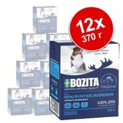 Комплект 12 броя х 370 г Bozita Ren/Reindeer консервирана храна за кучета. Видими са опаковките и надписът 12x 370 г.