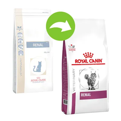 Dva pakiranja hrane za mačke Royal Canin Renal, staro i novo dizajnirano pakiranje s vidljivim nazivom proizvoda i slikom mačke. Zelena strelica označava promjenu ambalaže.