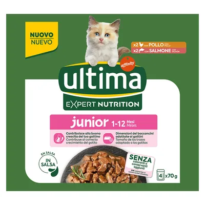 Ultima Expert Nutrition Junior 1–12 mesi, x2 pollo, x2 salmone, senza coloranti o conservanti aggiunti, 4×70g. Visible text in Italian and Spanish. Image of cat and wet food in sauce.