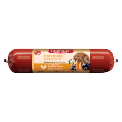 Fleischeslust Feines Geflügel, полнорационный корм с бататом, черникой и ромашкой. Состав: 75% мясо, 10% овощи, 0% зерна.
