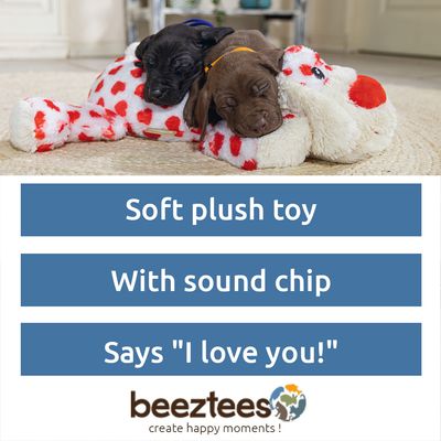 Plush toy in the shape of a dog with white fur, red heart patterns, red nose and black eyes.