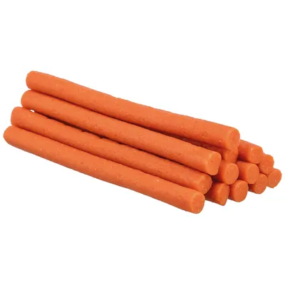 Several orange snack sticks, elongated and smooth, stacked side by side.