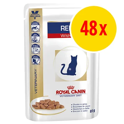 Royal Canin Veterinary Diet våtfoder för katt, 85 g portionspåse, bitar i sås. Förpackning med 48 st. Synliga piktogram och text: 'Veterinary Exclusive', 'Chunks in gravy'.