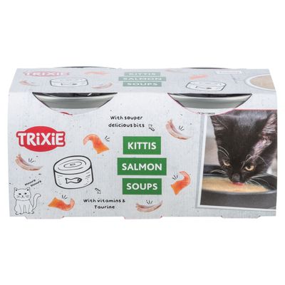 Trixie Kittis Salmon Soups z kawałkami łososia, witaminami i tauryną. Opakowanie przedstawia kota jedzącego oraz ilustracje puszek rybnych i kawałków łososia.