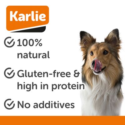 Karlie Chicken Necks, chicken necks, gluten-free. Packaging with image of a dog and multilingual product description.