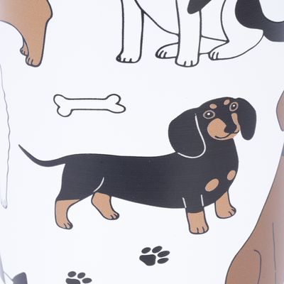 Illustration of a black dachshund with brown markings, bone symbol and paw prints on a white background.