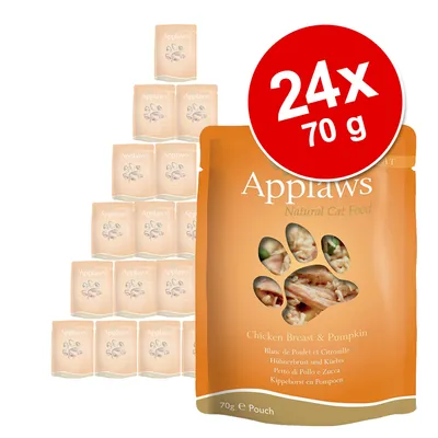 Applaws Natural Cat Food, Hühnerbrust und Kürbis, 24 x 70 g Portionsbeutel abgebildet.
