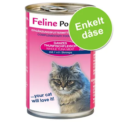 Feline Porta 21 kattemad, Ganzes Thunfischfleisch mit Shrimps, tekst: Enkelt dåse, ...your cat will love it! Pink etiket med billede af grå kat. Tekst på tysk og engelsk.