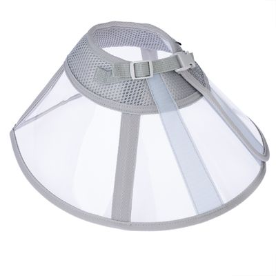 Transparenter Schutzkragen mit grauem Netzgewebe und verstellbarem Verschluss, geeignet zur Verhinderung von Kratzen oder Lecken bei Haustieren.