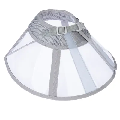 Transparenter Schutzkragen mit grauem Netzgewebe und verstellbarem Verschluss, geeignet zur Verhinderung von Kratzen oder Lecken bei Haustieren.