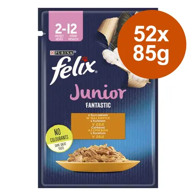 Purina Felix Junior Fantastic, 52x85g, mit Huhn in Gelee, geeignet für Katzen im Alter von 2-12 Monaten. Ohne Farbstoffe.
