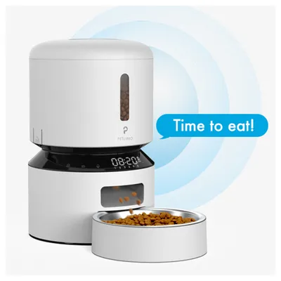 PETLIBRO foderautomat med digital display, torrfoderutmatning och texten "Time to eat!".