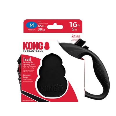 KONG Retractable Trail laisse rétractable, taille M, jusqu’à 30 kg, longueur 5 m, design compact, garantie 2 ans. Texte en anglais et espagnol visible sur l’emballage.