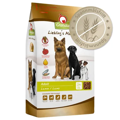 GranataPet Liebling's Mahlzeit Adult Lamm torrfoder för hund, spannmålsfritt, 23 % protein, 13 % fett, med granatäpple och laxolja. Stor påse med illustration av tre hundar.