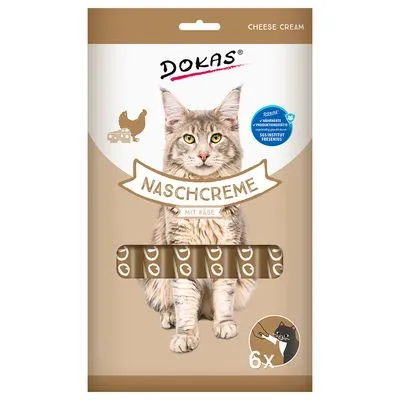 DOKAS Naschcreme mit Käse, verpakking met afbeelding van kat, 6 stuks. Tekst: Cheese Cream, Spaß! – verwöhnen, unterstützen, selbstständig füttern.