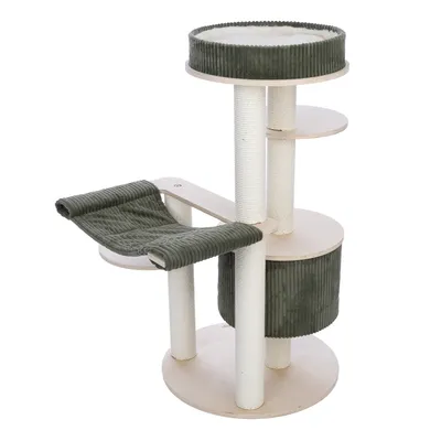 Cat tree with multiple levels, sisal scratching posts, green fabric cover and wooden resting platforms.